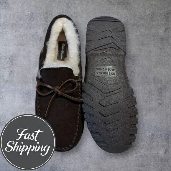 $110 EDDIE BAUER REAL SHEARLING/SUEDE SLIP ON LOAFER SLIPPERS MENS SIZE 8