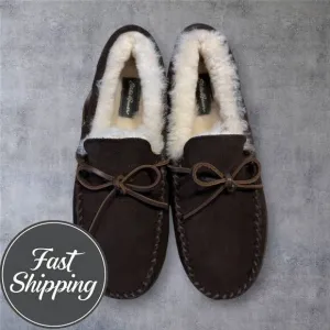 $110 EDDIE BAUER REAL SHEARLING/SUEDE SLIP ON LOAFER SLIPPERS MENS SIZE 8