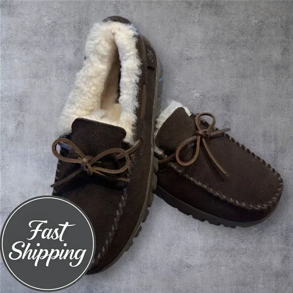 $110 EDDIE BAUER REAL SHEARLING/SUEDE SLIP ON LOAFER SLIPPERS MENS SIZE …