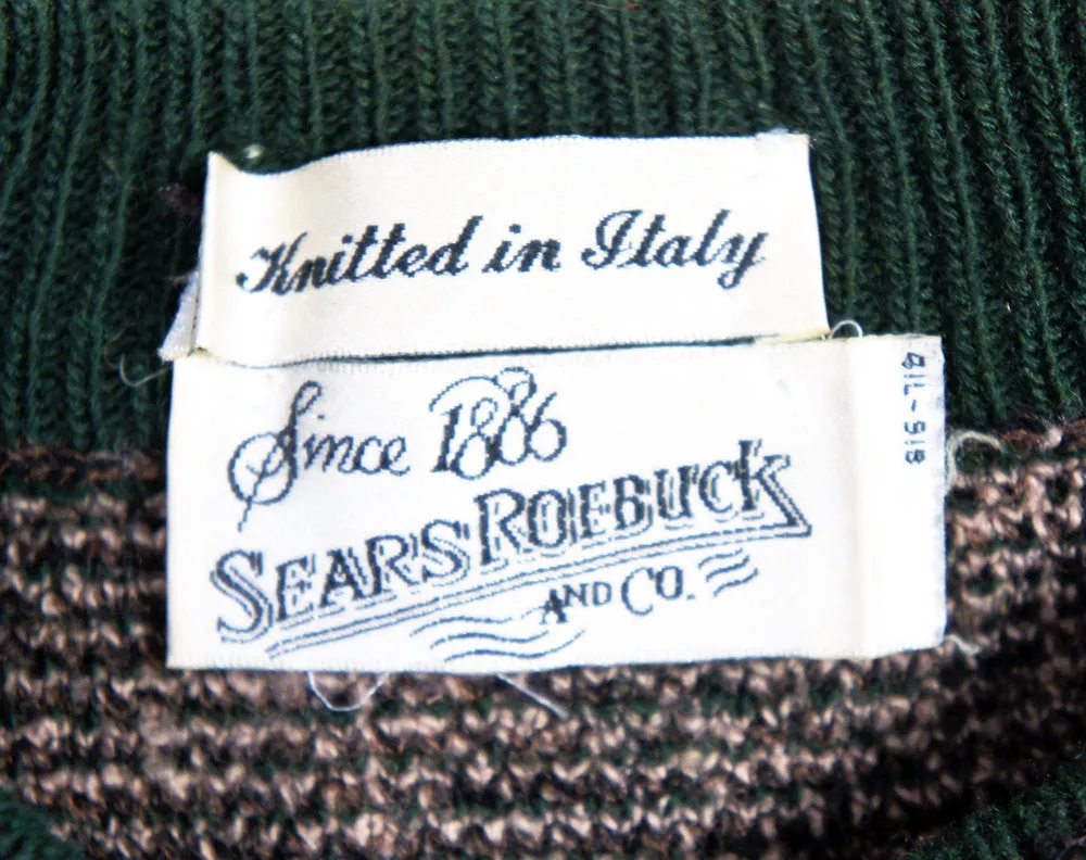 1960's Brown & Forest Green Knit Wool Sweater, Size M