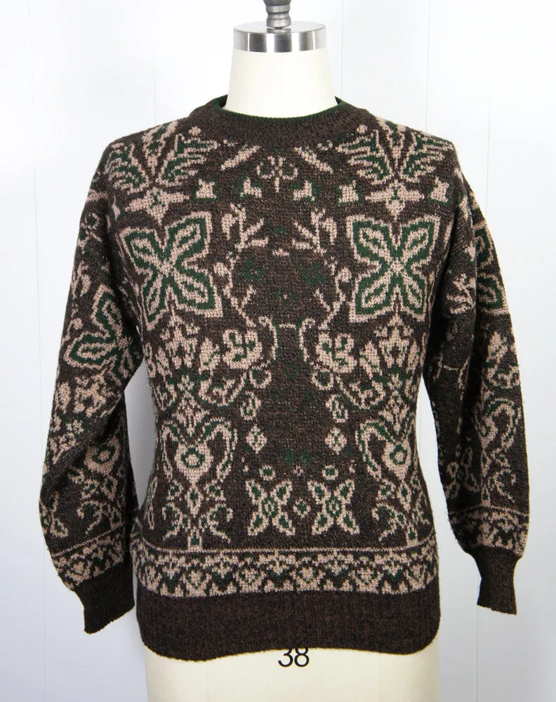 1960's Brown & Forest Green Knit Wool Sweater, Size M