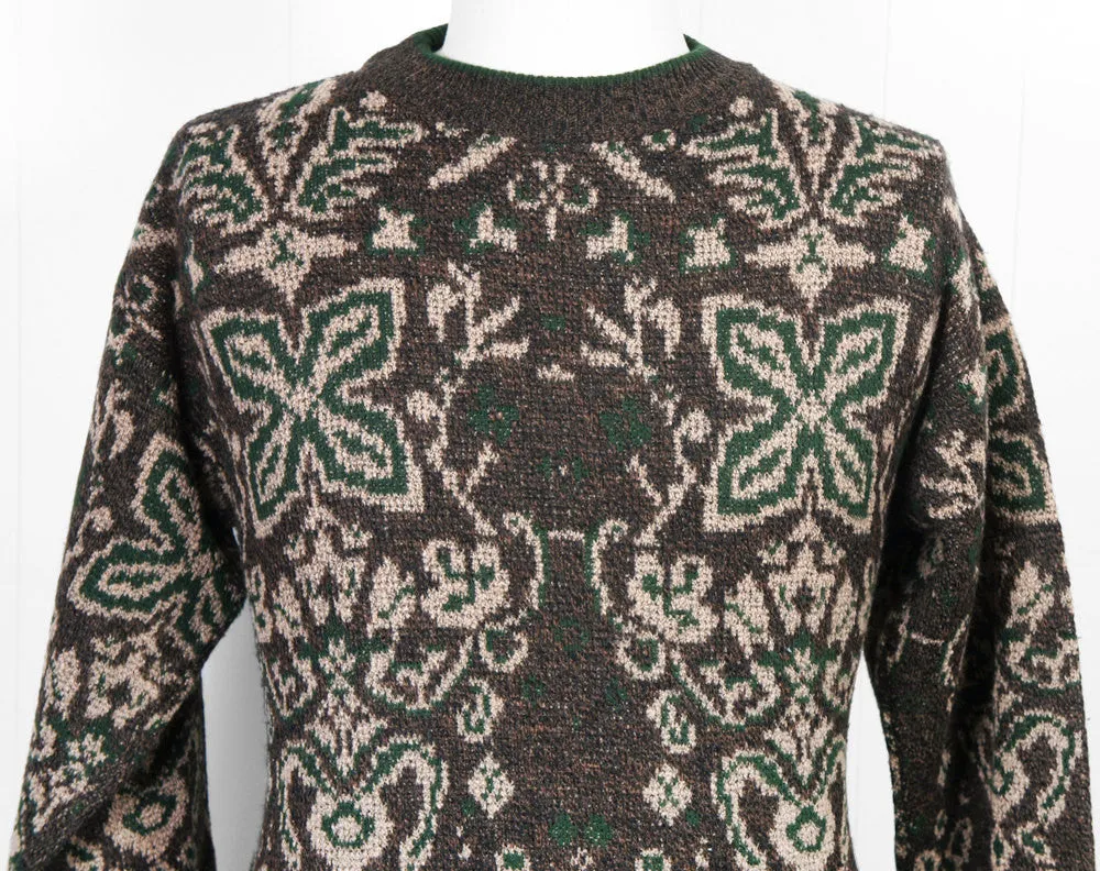 1960's Brown & Forest Green Knit Wool Sweater, Size M