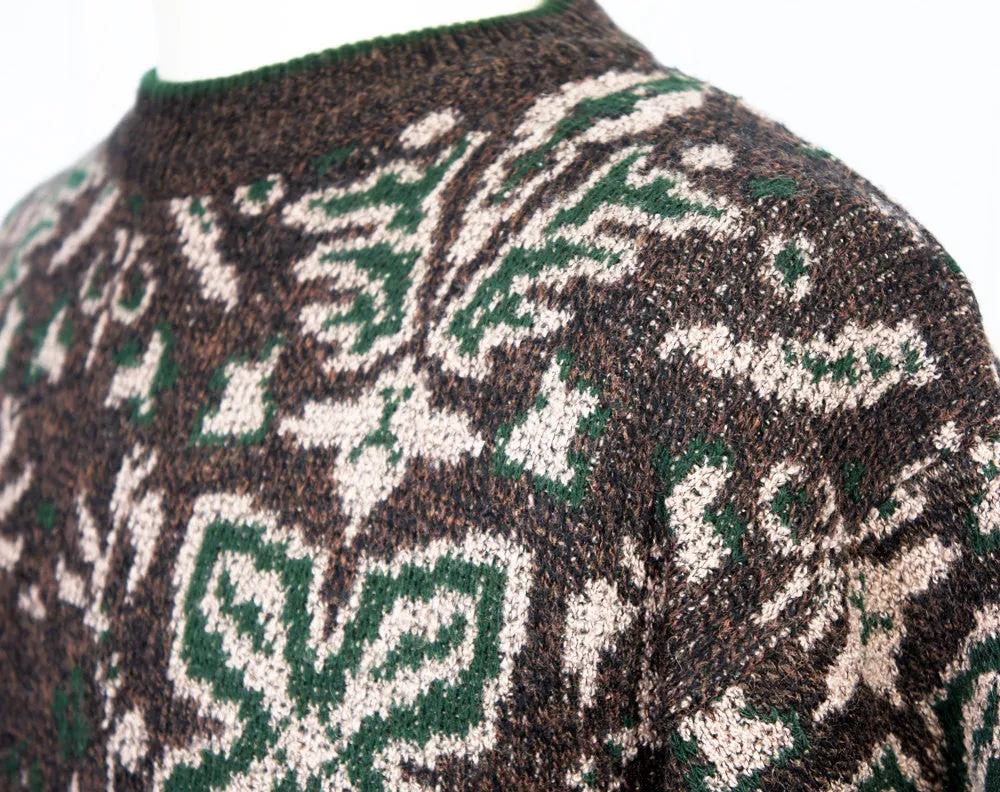 1960's Brown & Forest Green Knit Wool Sweater, Size M