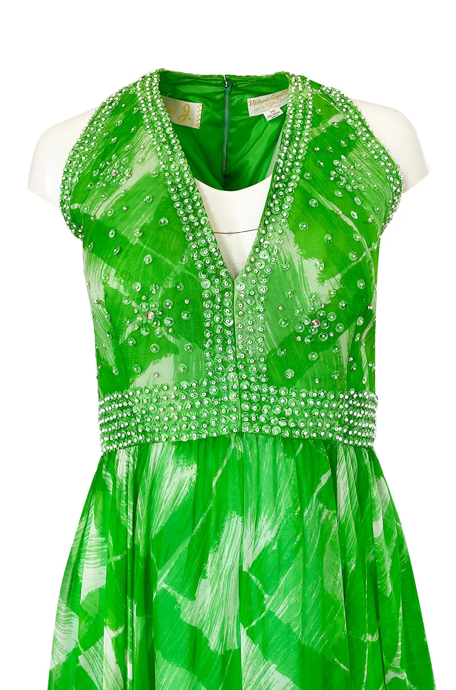 1960s Victoria Royale Green & White Print Silk Chiffon Beaded Dress