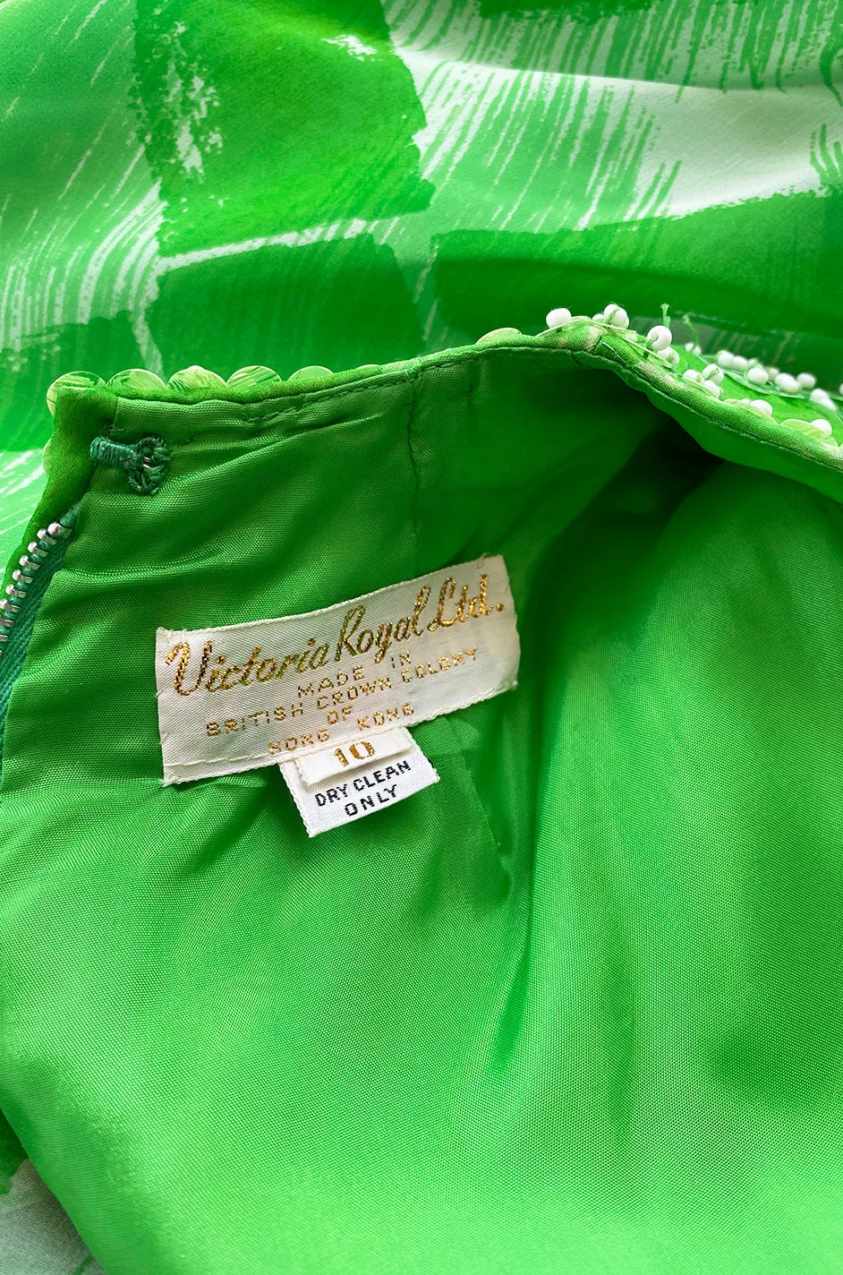 1960s Victoria Royale Green & White Print Silk Chiffon Beaded Dress