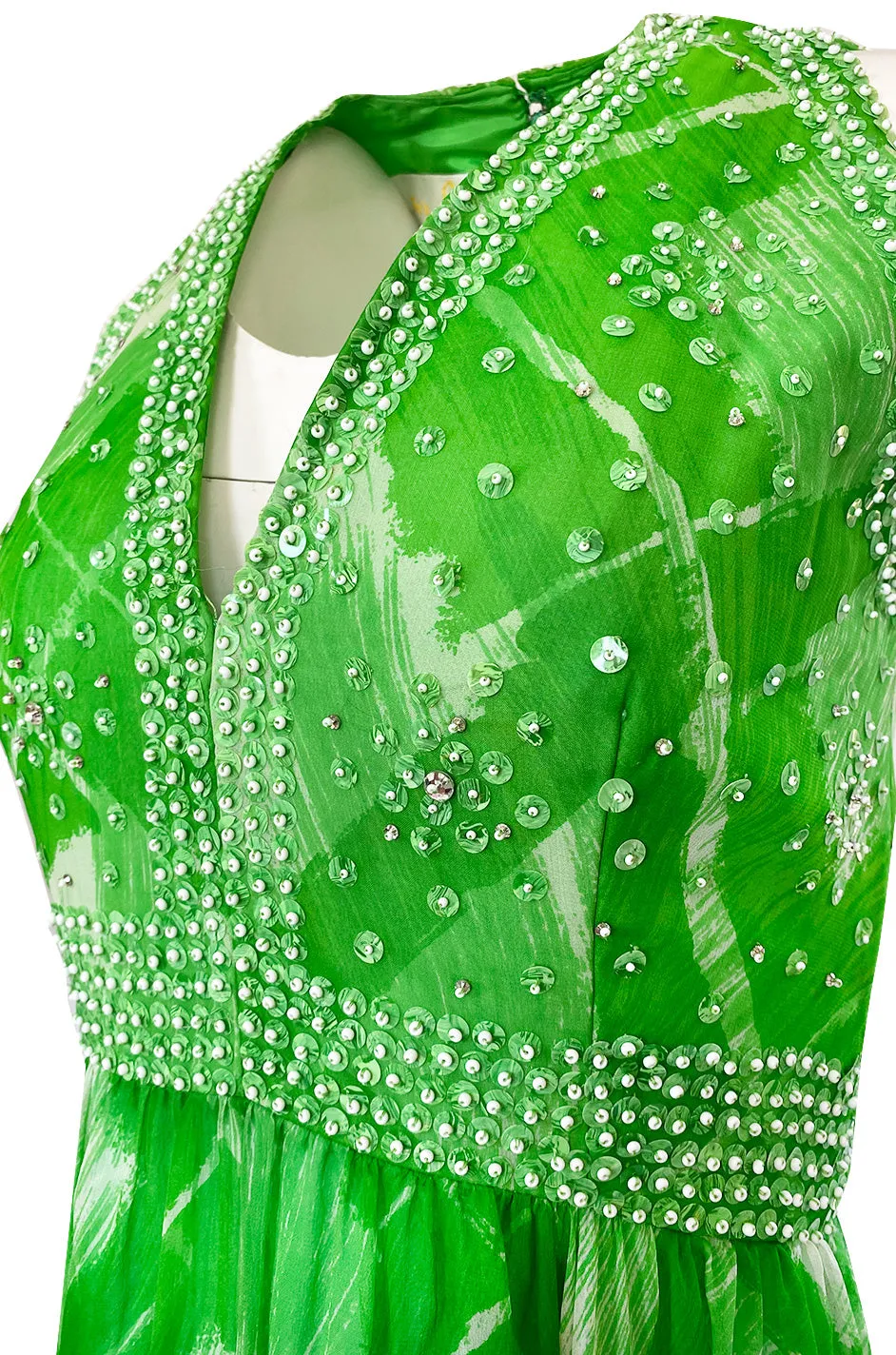 1960s Victoria Royale Green & White Print Silk Chiffon Beaded Dress
