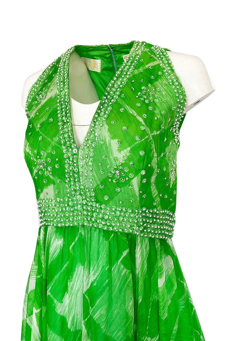 1960s Victoria Royale Green & White Print Silk Chiffon Beaded Dress