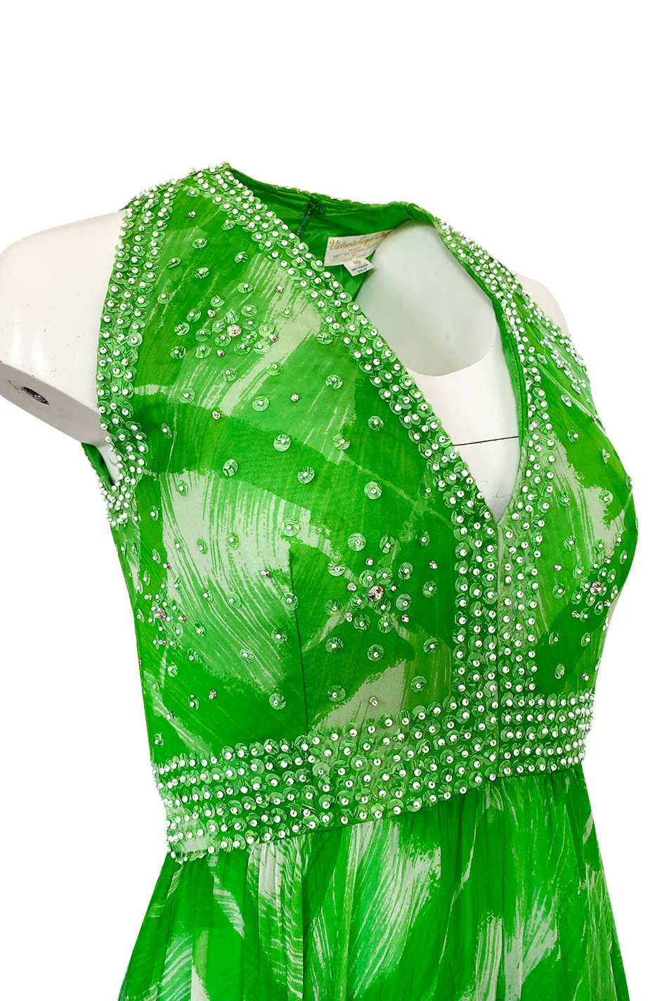1960s Victoria Royale Green & White Print Silk Chiffon Beaded Dress