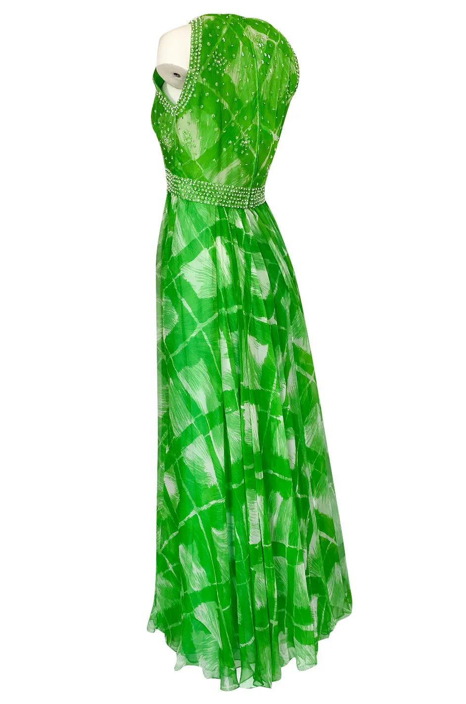 1960s Victoria Royale Green & White Print Silk Chiffon Beaded Dress