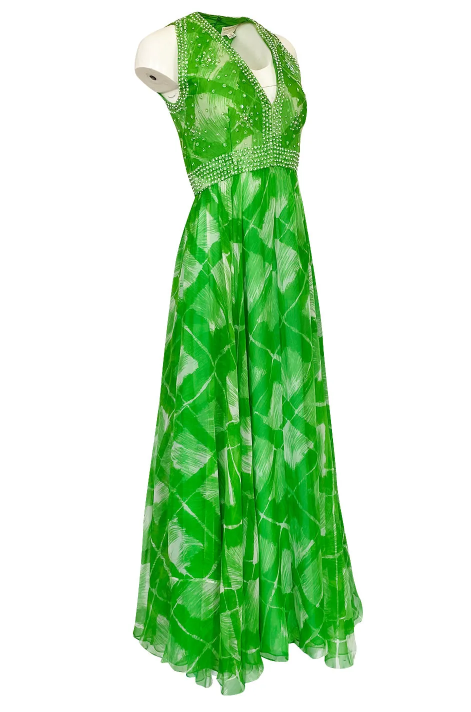 1960s Victoria Royale Green & White Print Silk Chiffon Beaded Dress