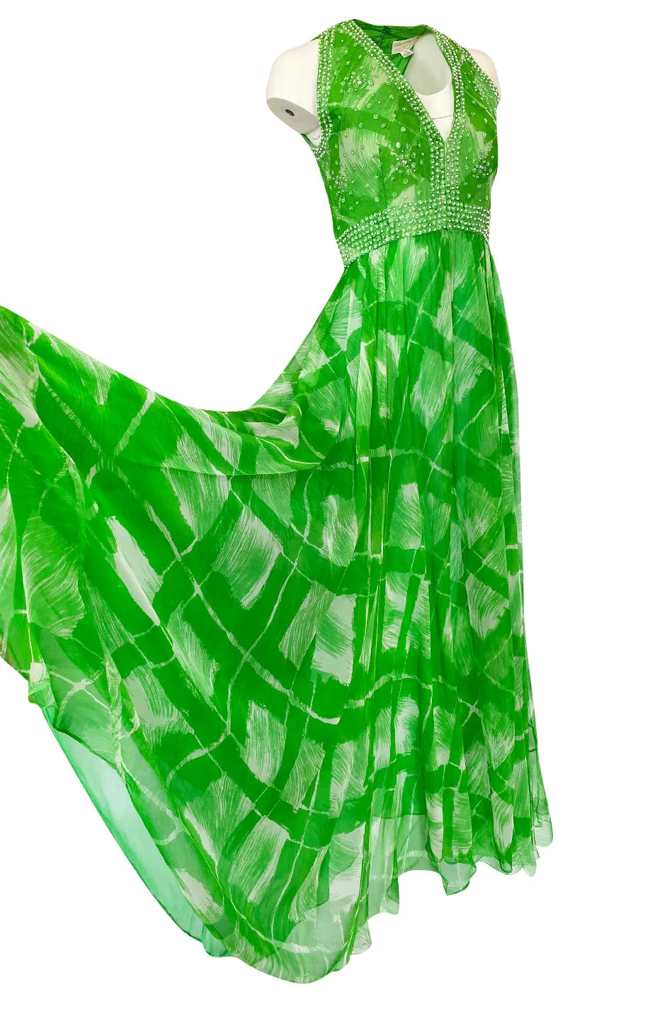 1960s Victoria Royale Green & White Print Silk Chiffon Beaded Dress