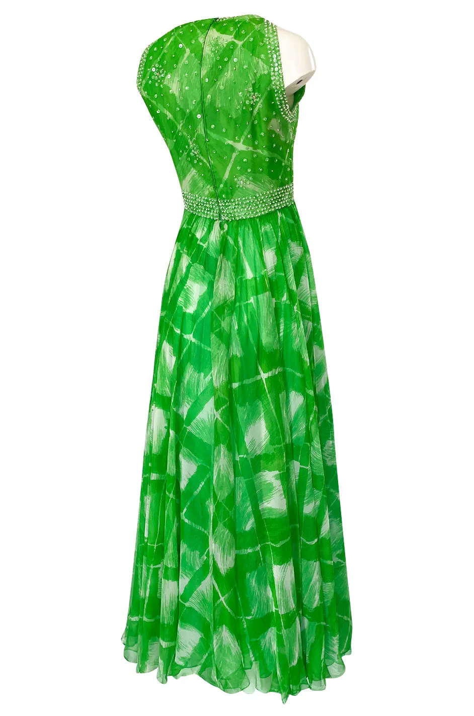 1960s Victoria Royale Green & White Print Silk Chiffon Beaded Dress