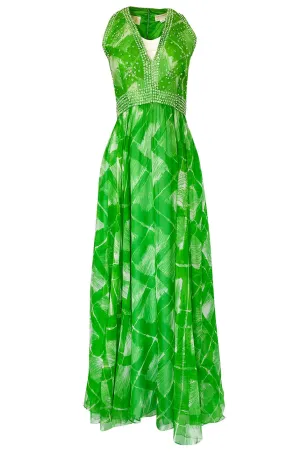 1960s Victoria Royale Green & White Print Silk Chiffon Beaded Dress