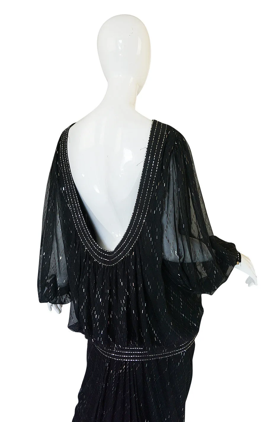 1980s Wayne Clark Backless Silver Glitter Trained Chiffon Dress