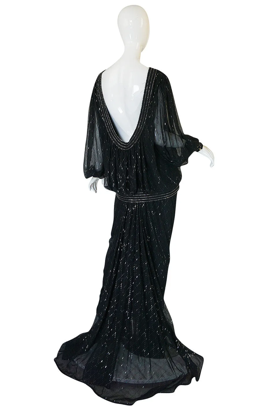 1980s Wayne Clark Backless Silver Glitter Trained Chiffon Dress