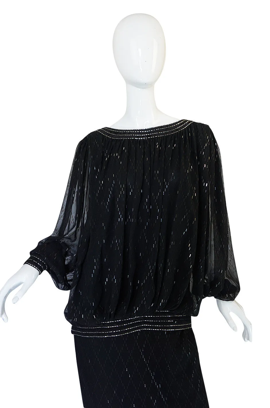 1980s Wayne Clark Backless Silver Glitter Trained Chiffon Dress