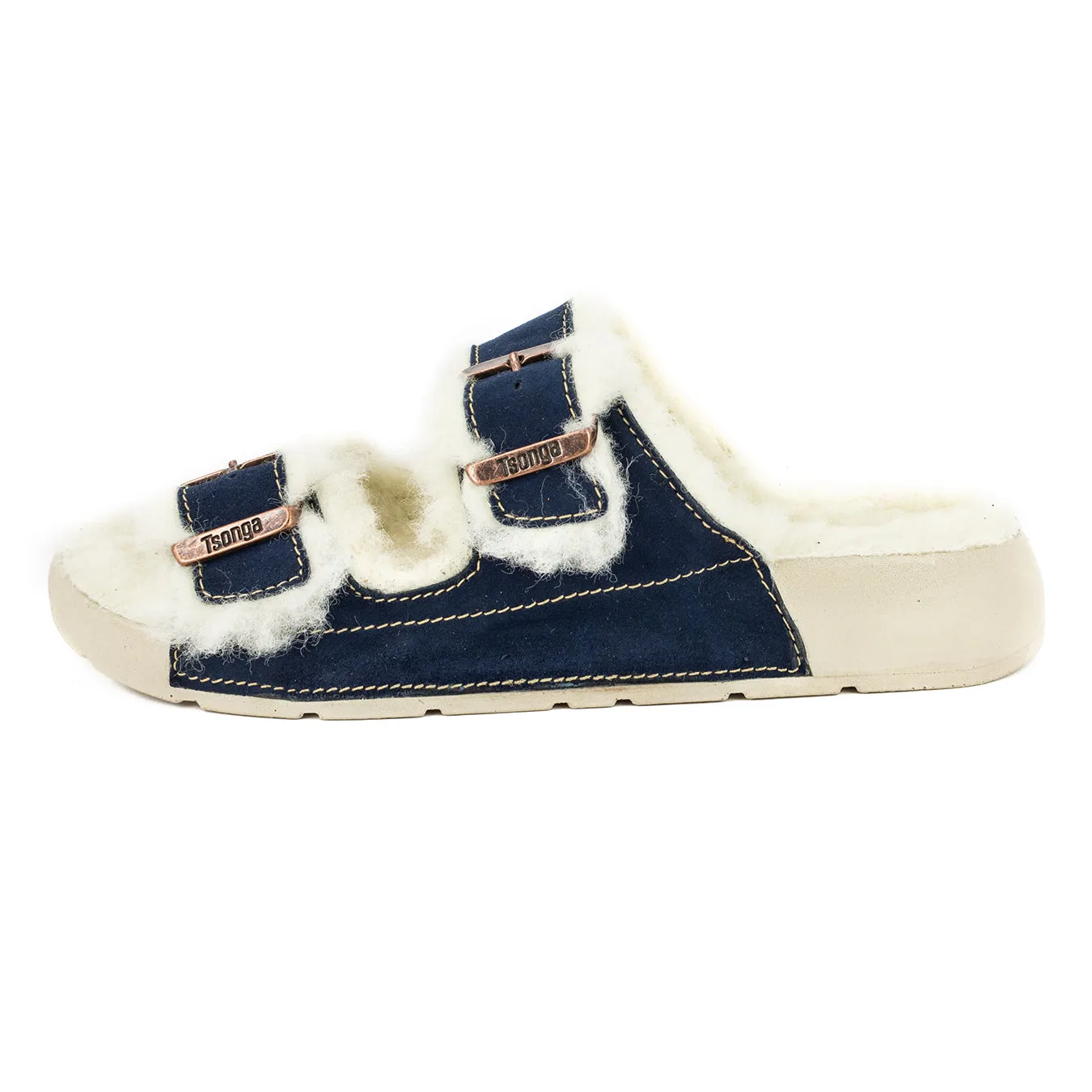 Abidjan : Ladies Leather Sandal with Wool Lining in Navy Velour