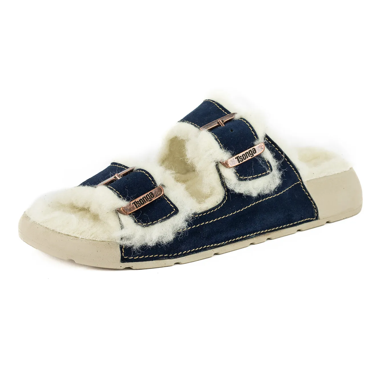 Abidjan : Ladies Leather Sandal with Wool Lining in Navy Velour