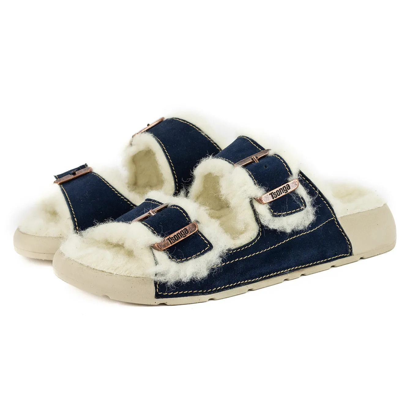 Abidjan : Ladies Leather Sandal with Wool Lining in Navy Velour