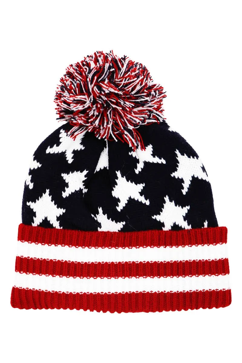 American Flag Chunky Knitted Pom Pom Beanie