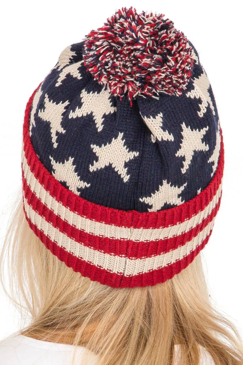 American Flag Chunky Knitted Pom Pom Beanie