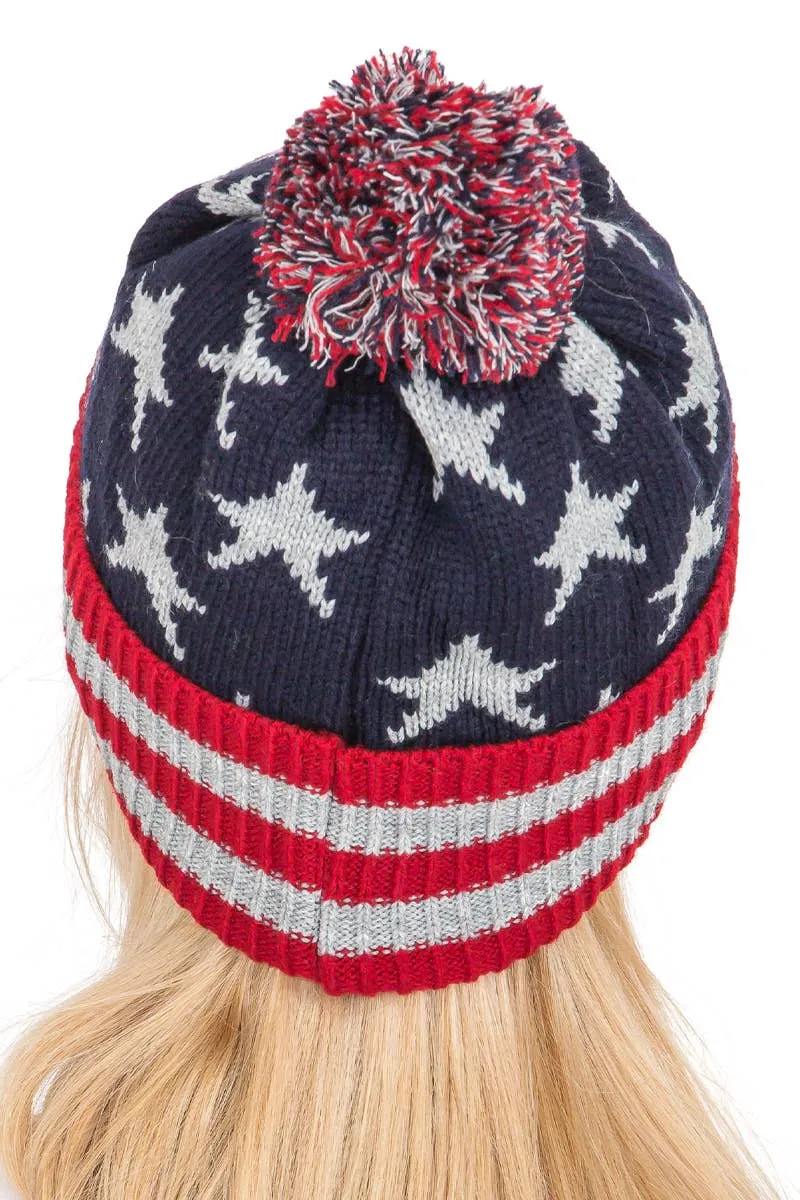 American Flag Chunky Knitted Pom Pom Beanie