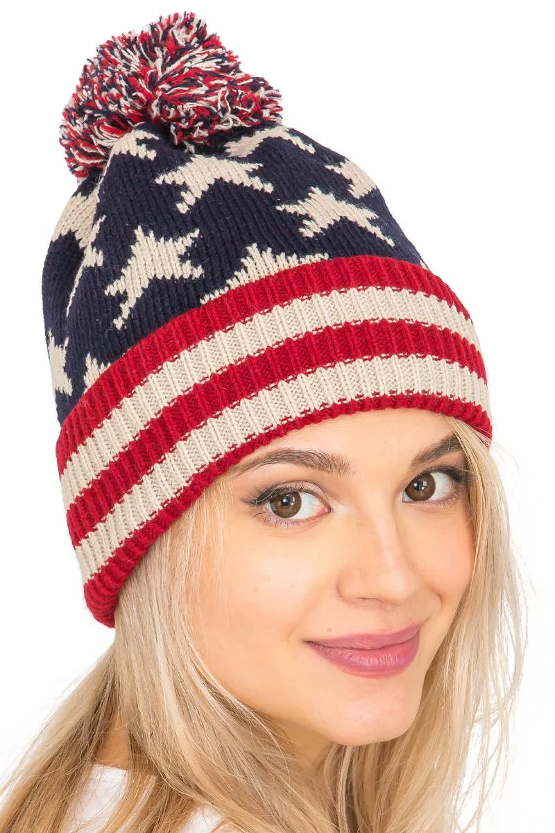 American Flag Chunky Knitted Pom Pom Beanie
