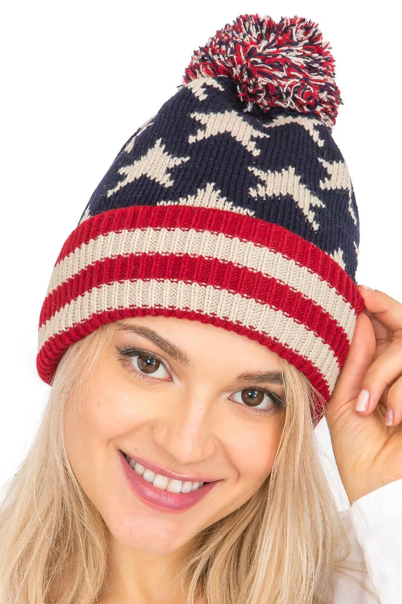 American Flag Chunky Knitted Pom Pom Beanie