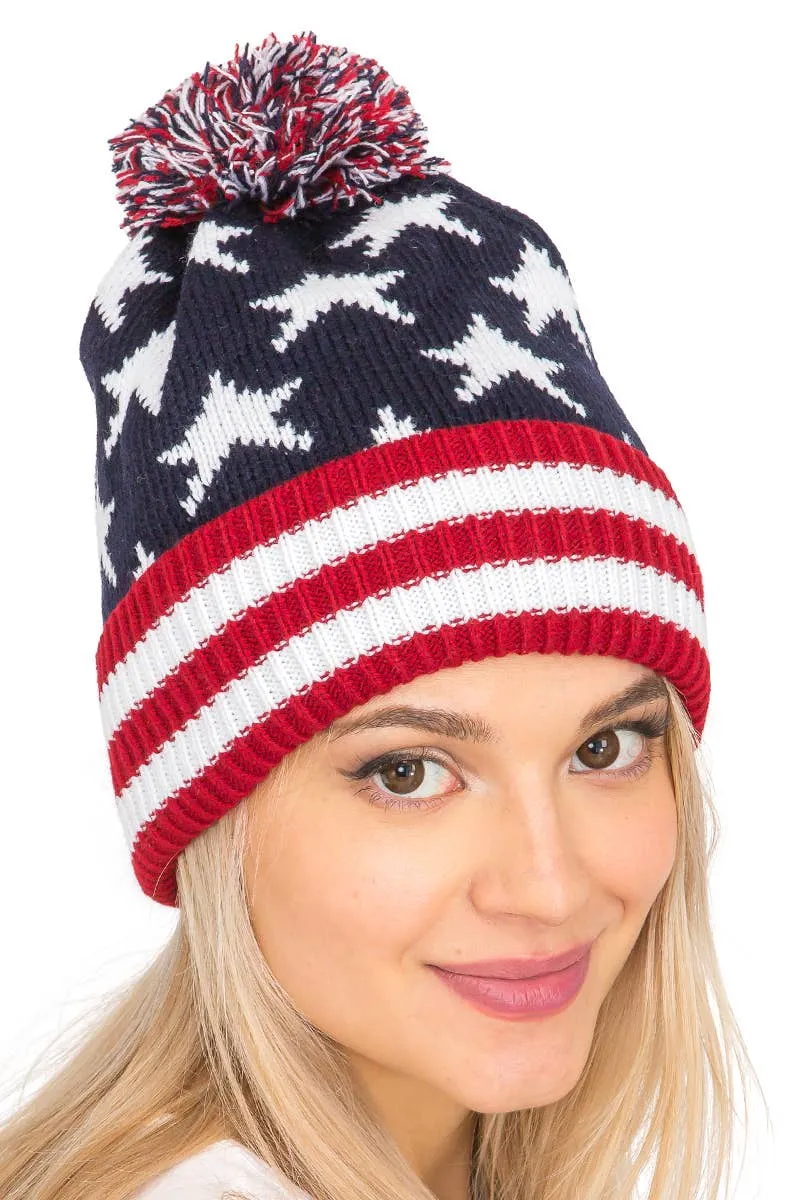 American Flag Chunky Knitted Pom Pom Beanie