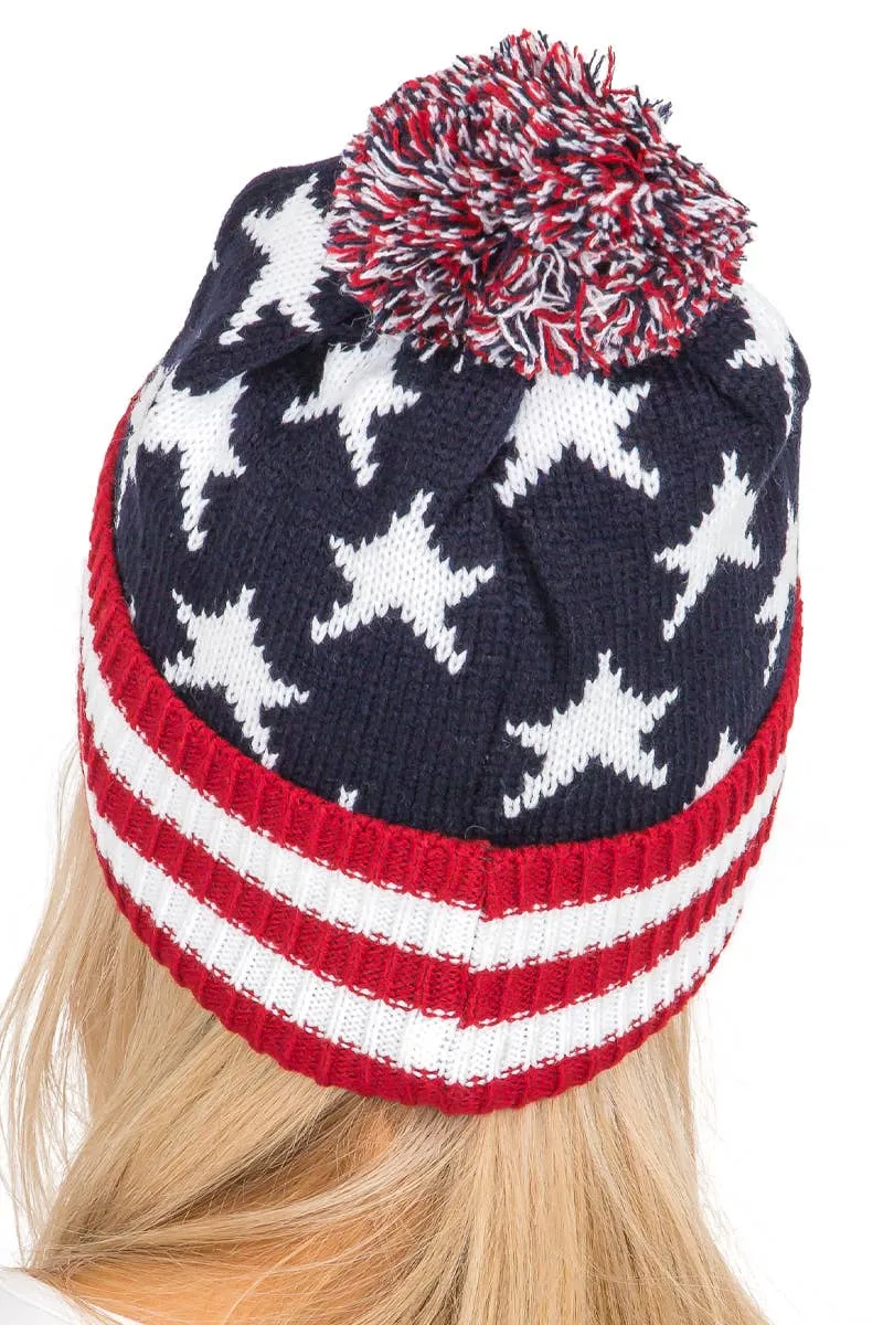 American Flag Chunky Knitted Pom Pom Beanie