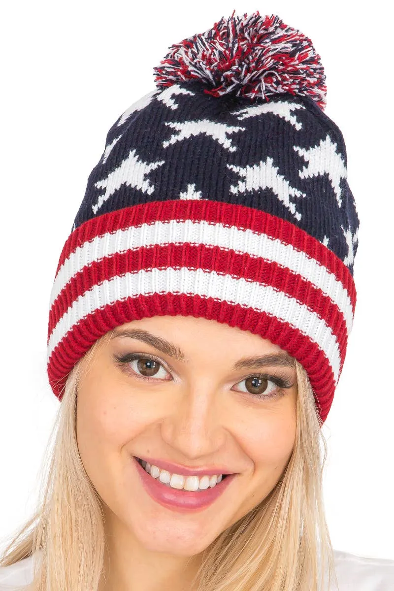 American Flag Chunky Knitted Pom Pom Beanie