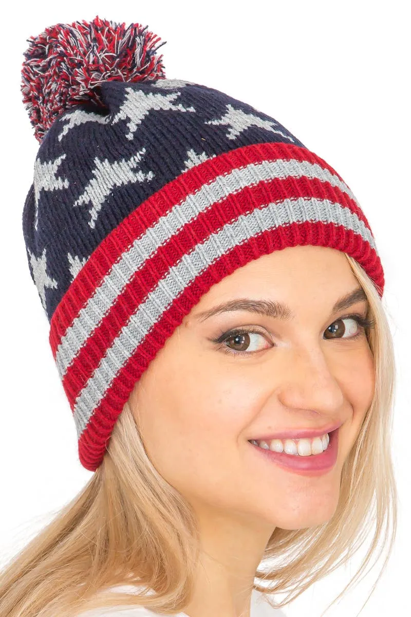 American Flag Chunky Knitted Pom Pom Beanie