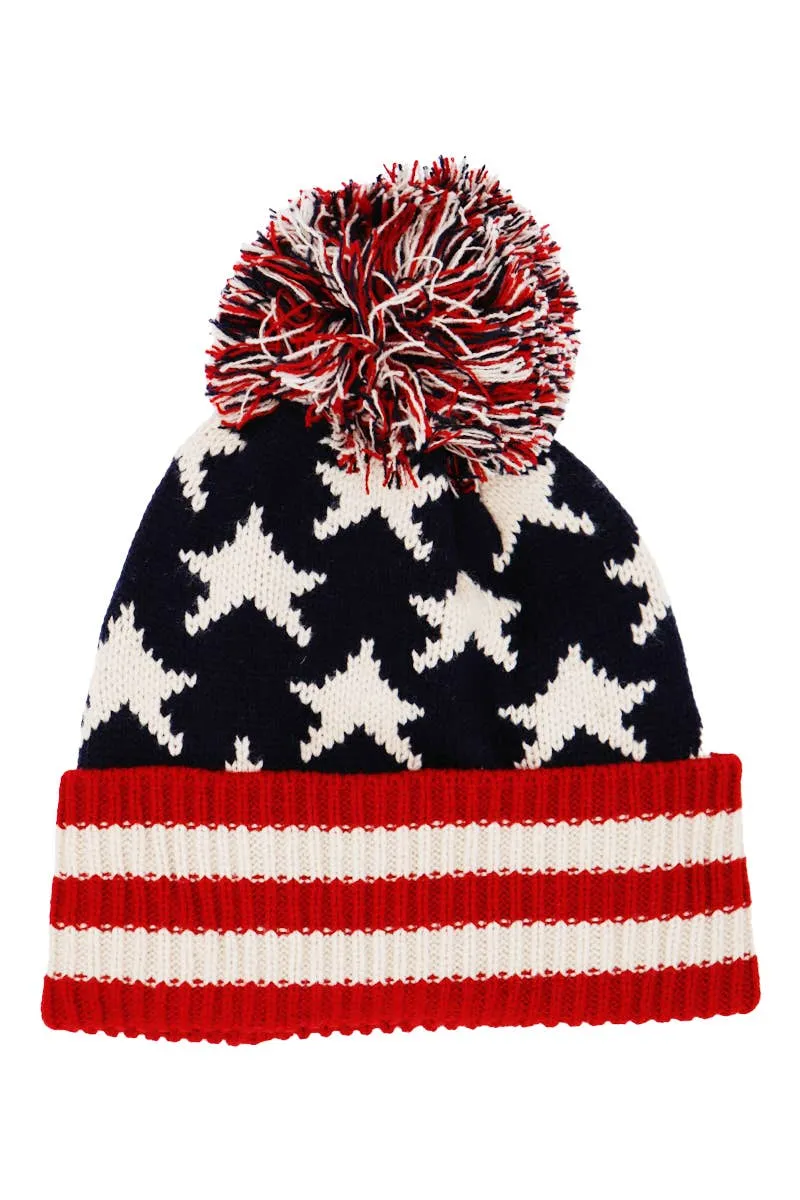 American Flag Chunky Knitted Pom Pom Beanie