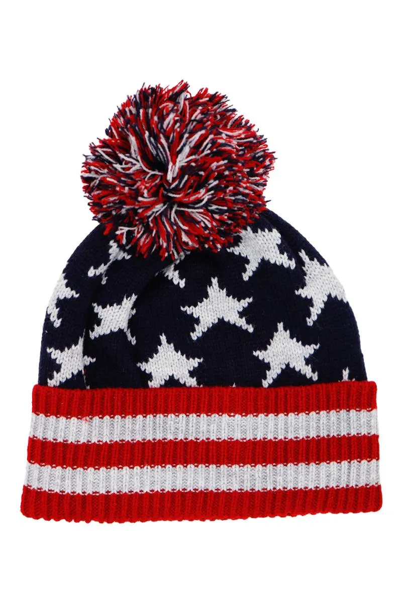 American Flag Chunky Knitted Pom Pom Beanie