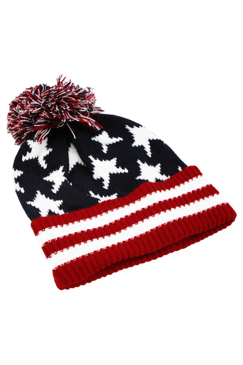 American Flag Chunky Knitted Pom Pom Beanie