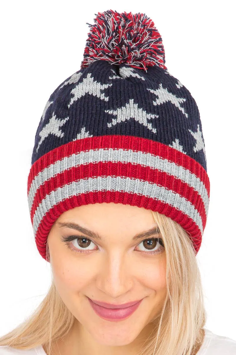 American Flag Chunky Knitted Pom Pom Beanie
