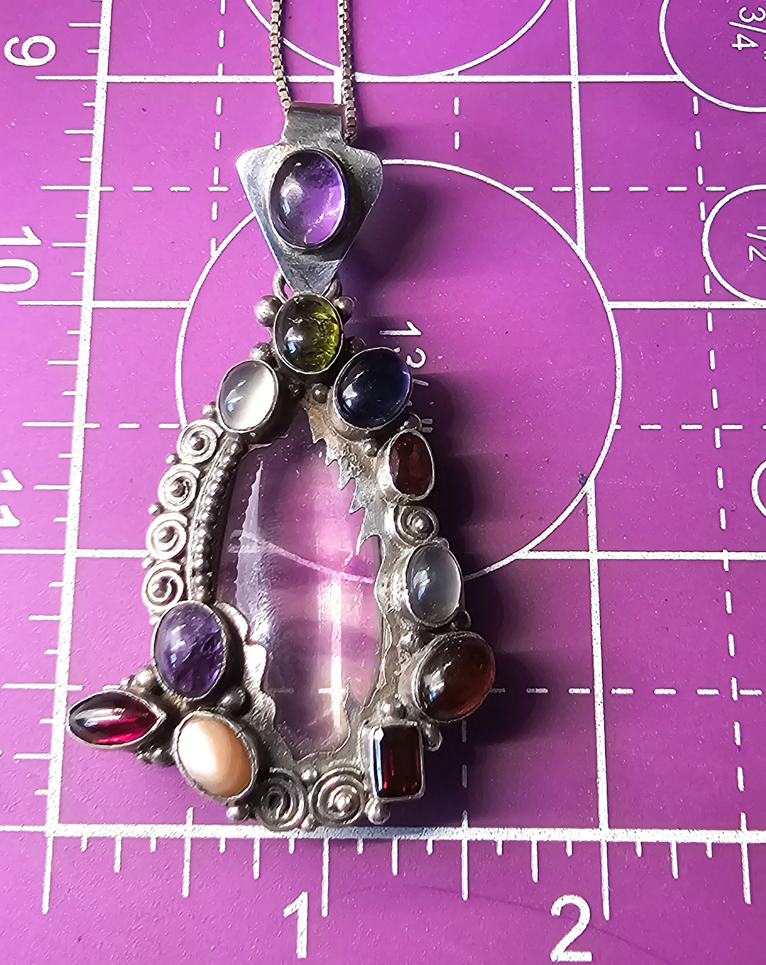 Artisan Fire Banded Fluorite multi gemstone sterling silver fire pendant necklace