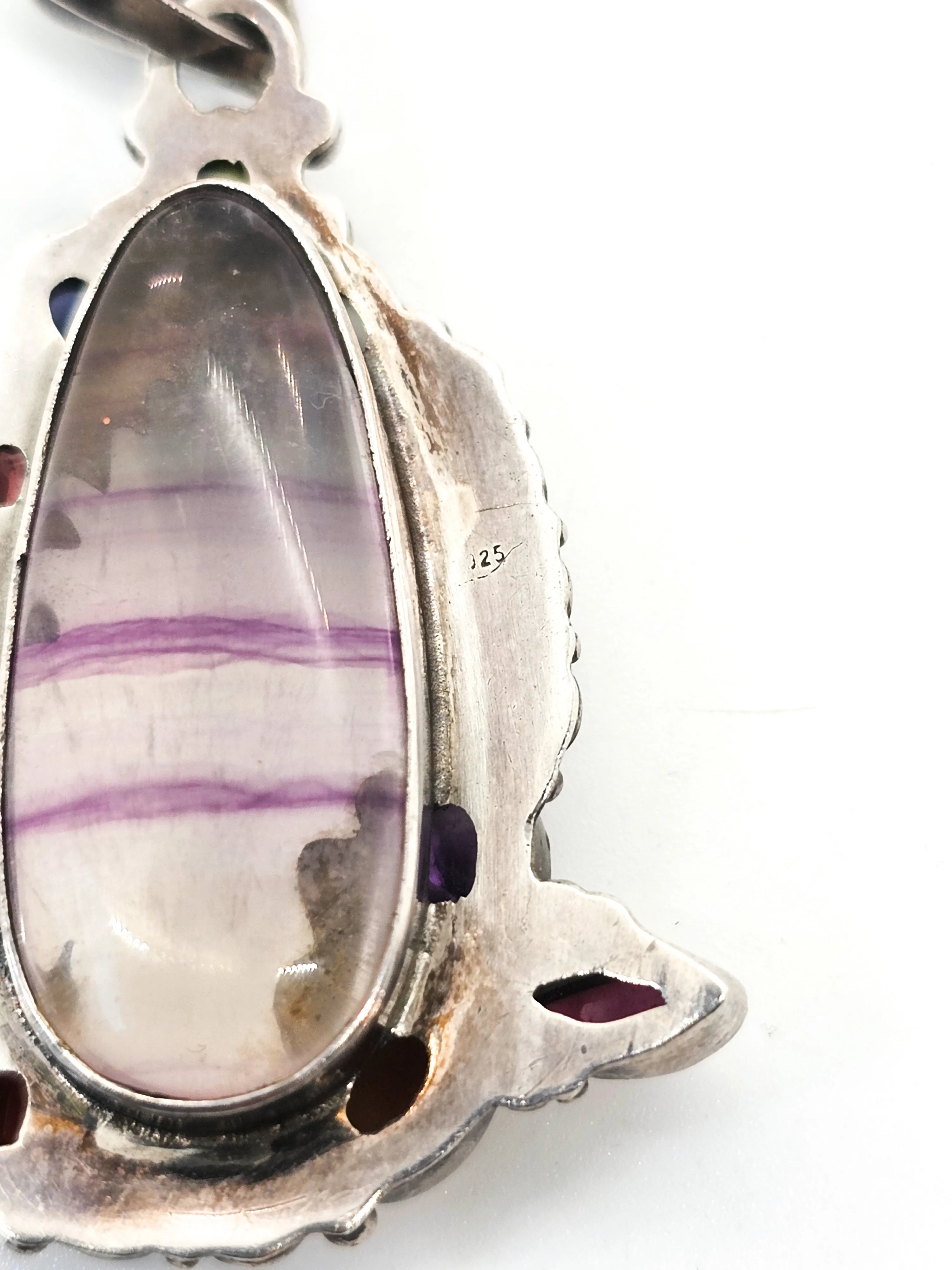 Artisan Fire Banded Fluorite multi gemstone sterling silver fire pendant necklace