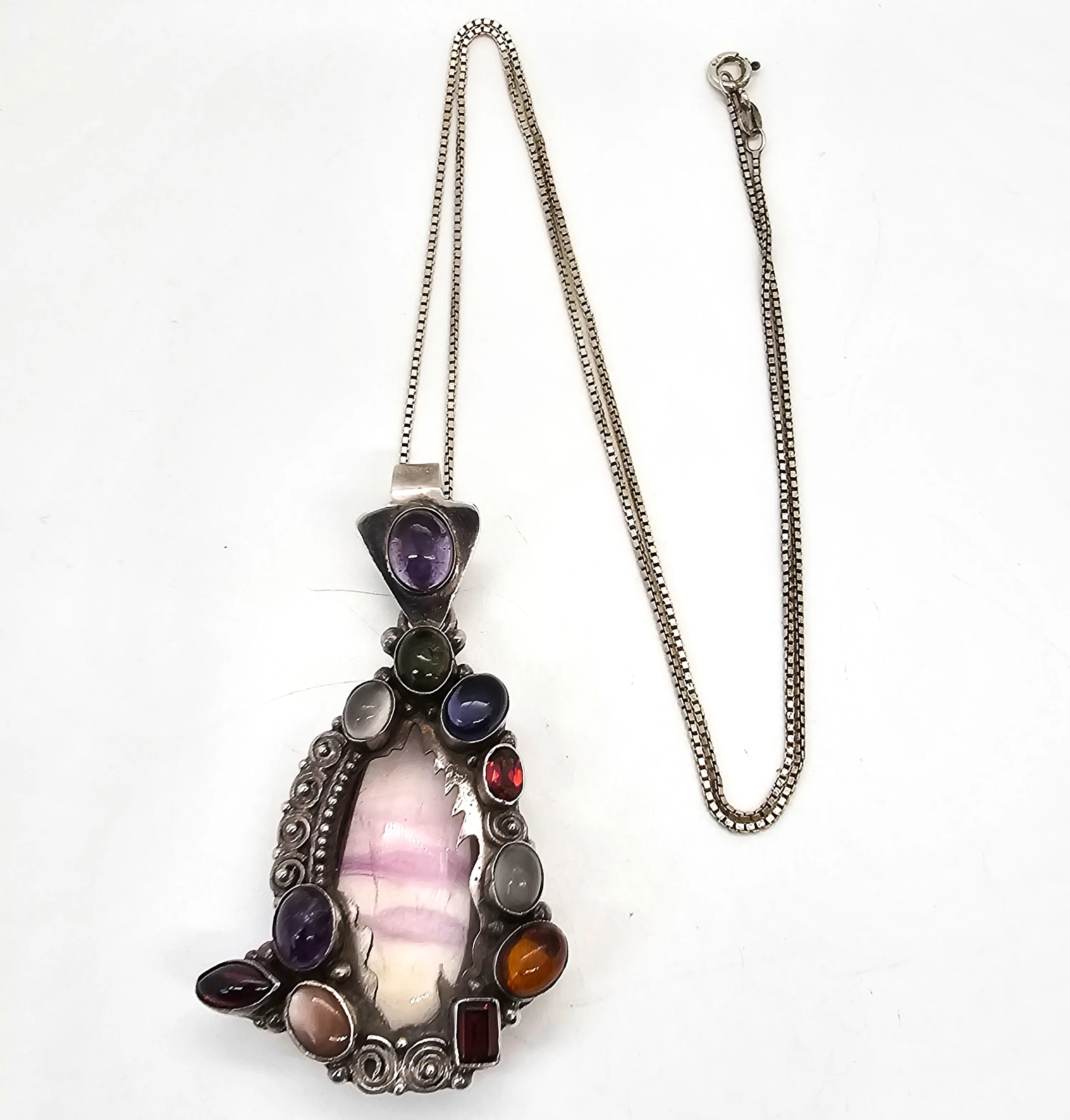 Artisan Fire Banded Fluorite multi gemstone sterling silver fire pendant necklace