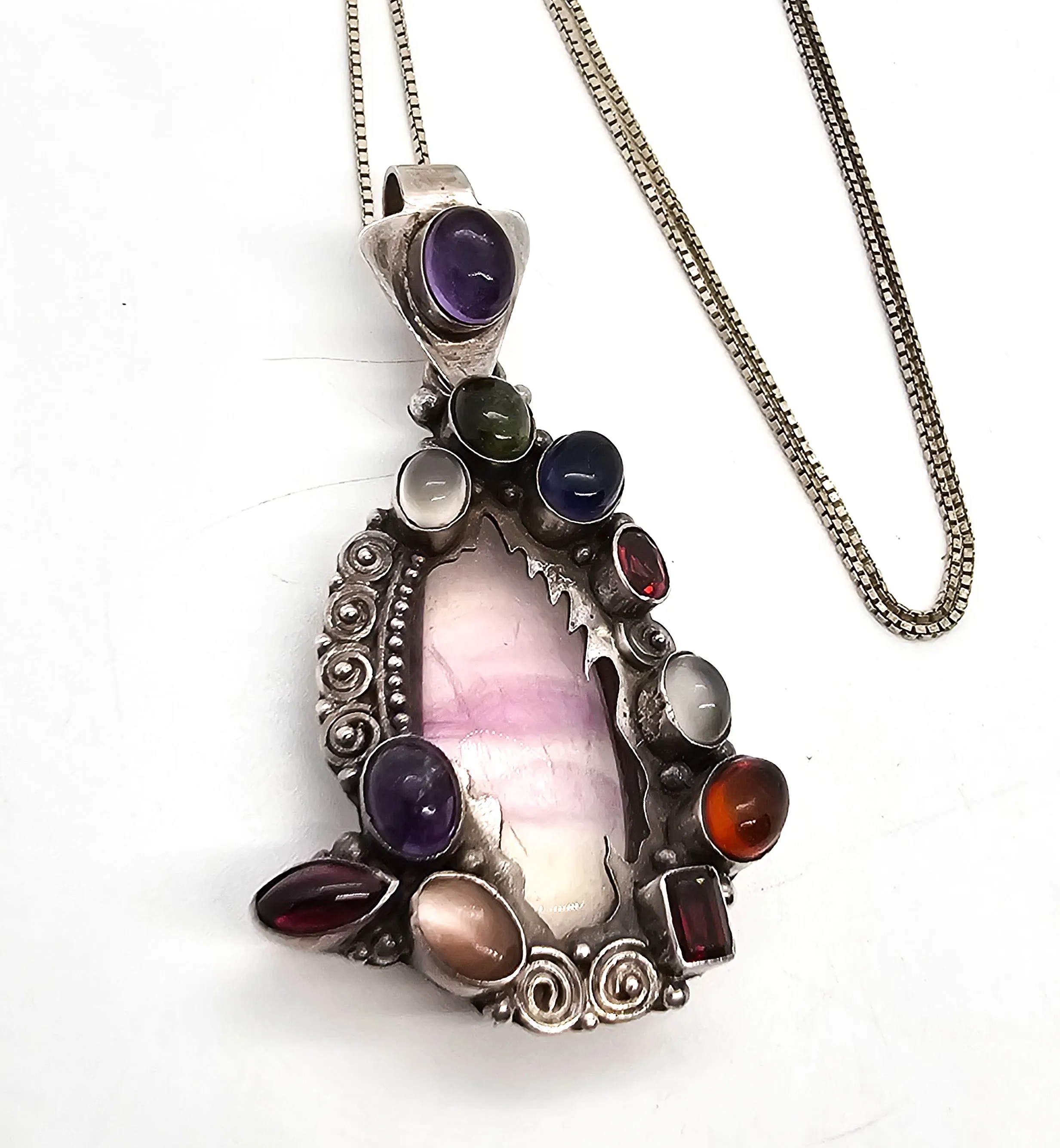 Artisan Fire Banded Fluorite multi gemstone sterling silver fire pendant necklace