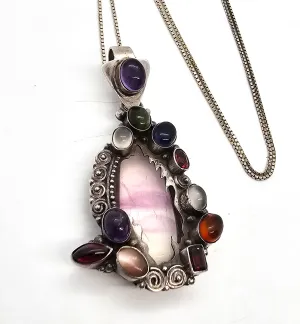 Artisan Fire Banded Fluorite multi gemstone sterling silver fire pendant necklace