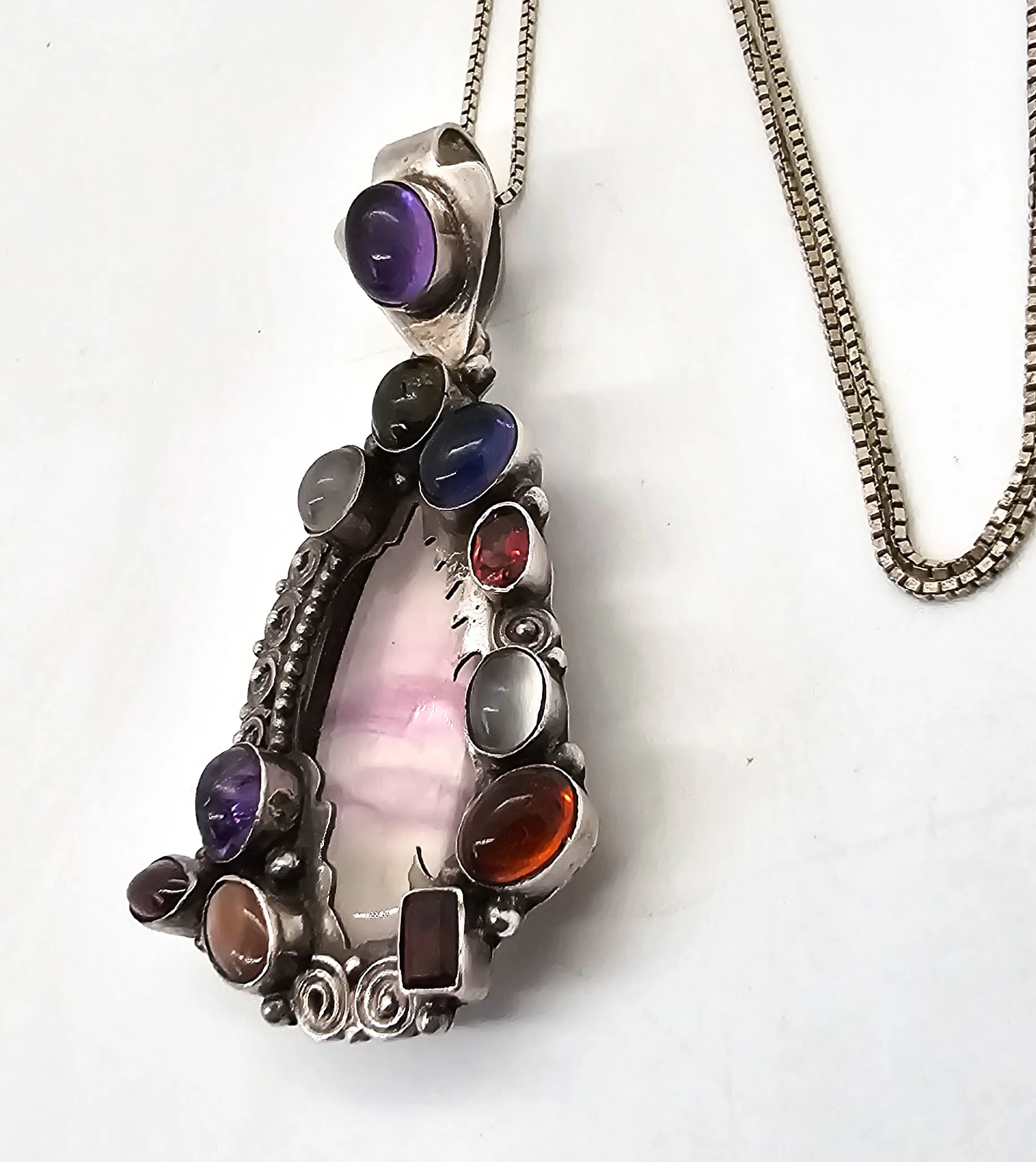 Artisan Fire Banded Fluorite multi gemstone sterling silver fire pendant necklace