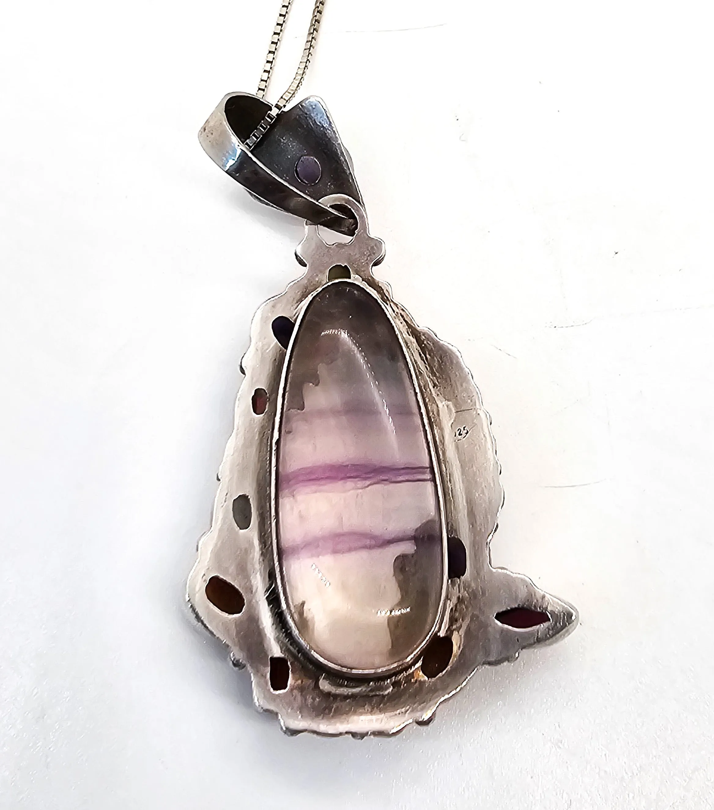 Artisan Fire Banded Fluorite multi gemstone sterling silver fire pendant necklace