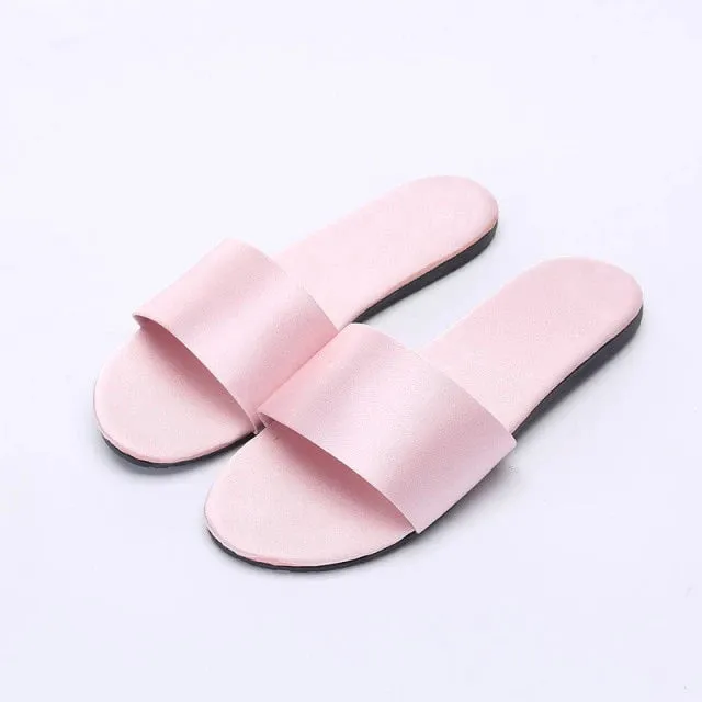 Beach Slippers Summer Flat Shoes Slip On Slides Silk Style Female Slip On Sandals Girls Indoor Outdoor Slippers