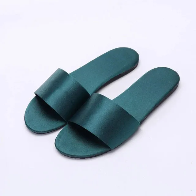 Beach Slippers Summer Flat Shoes Slip On Slides Silk Style Female Slip On Sandals Girls Indoor Outdoor Slippers