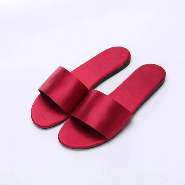 Beach Slippers Summer Flat Shoes Slip On Slides Silk Style Female Slip On Sandals Girls Indoor Outdoor Slippers