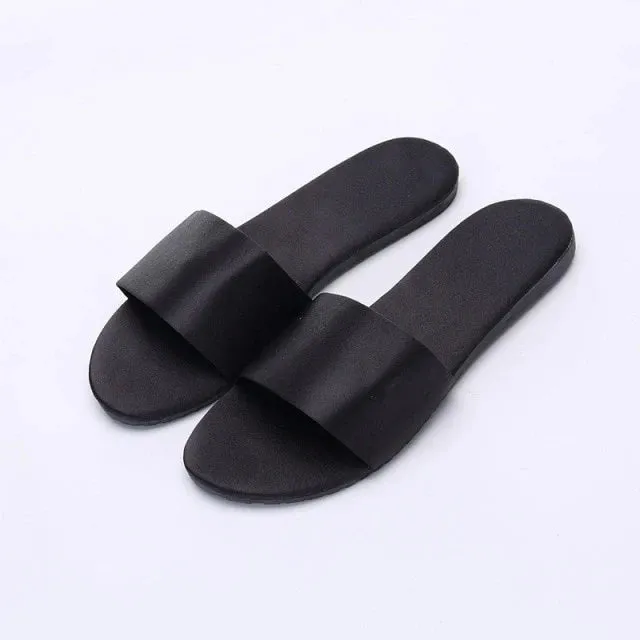 Beach Slippers Summer Flat Shoes Slip On Slides Silk Style Female Slip On Sandals Girls Indoor Outdoor Slippers