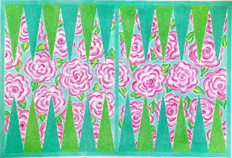 BGB-05: Backgammon Board Canvas – Lilly-inspired Roses – pinks, greens & turquoise 13 mesh