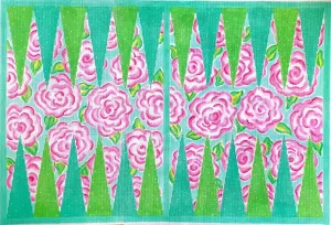 BGB-05: Backgammon Board Canvas – Lilly-inspired Roses – pinks, greens & turquoise 13 mesh