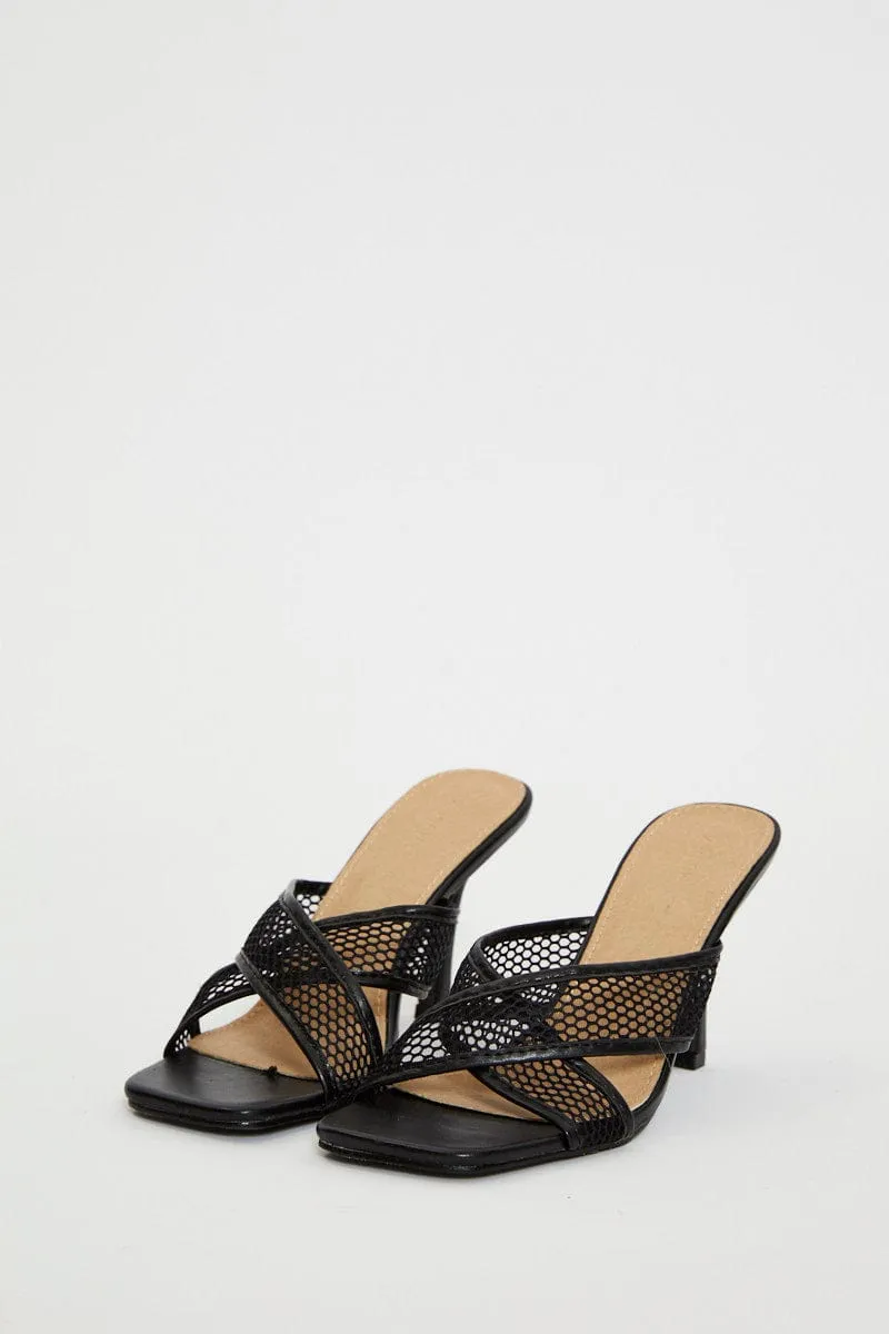 Black Penelope Cross Over Mesh Strap High Heel Mule